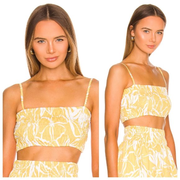 Faithfull the Brand Liya Yellow Floral Shirred Square Neck Crop Top - Picture 1 of 7